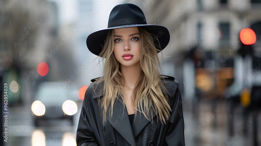 Sophisticated woman in a widebrimmed hat and a classic trench coat, walking through a rainy city street., Sophisticated woman in a widebrimmed hat and a classic trench coat, walking through a rainy city street.,