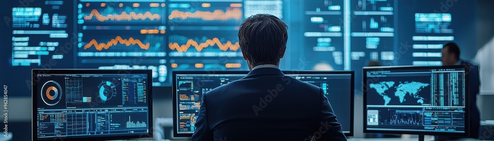 Business professional analyzing data on multiple screens in a modern control room environment. Business professional analyzing data on multiple screens in a modern control room environment.