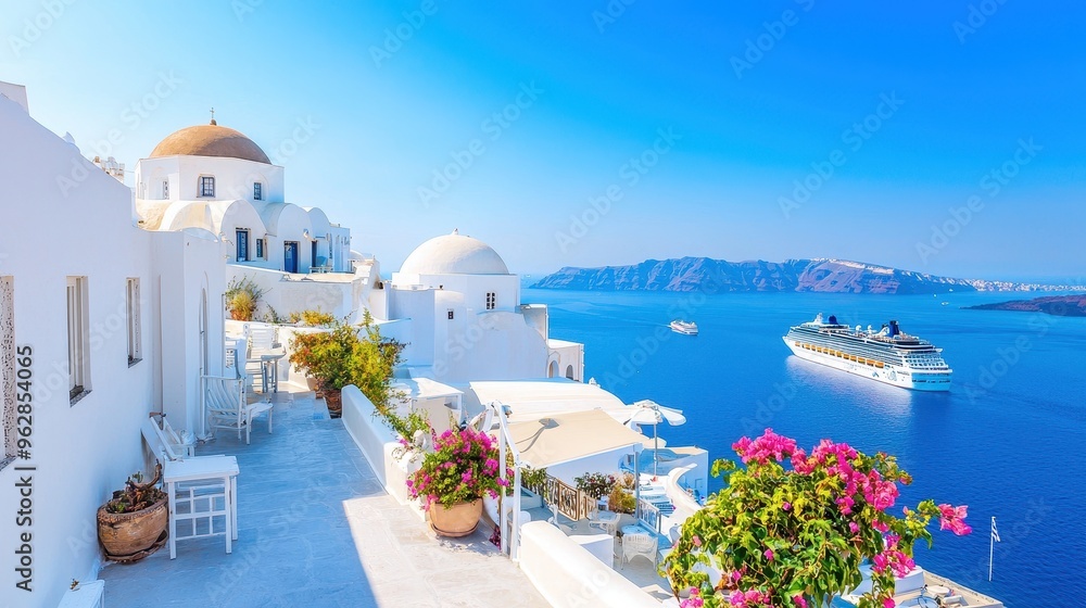 Fototapeta premium Serene Santorini Seascape: White Buildings and Cruise Ships on the Horizon