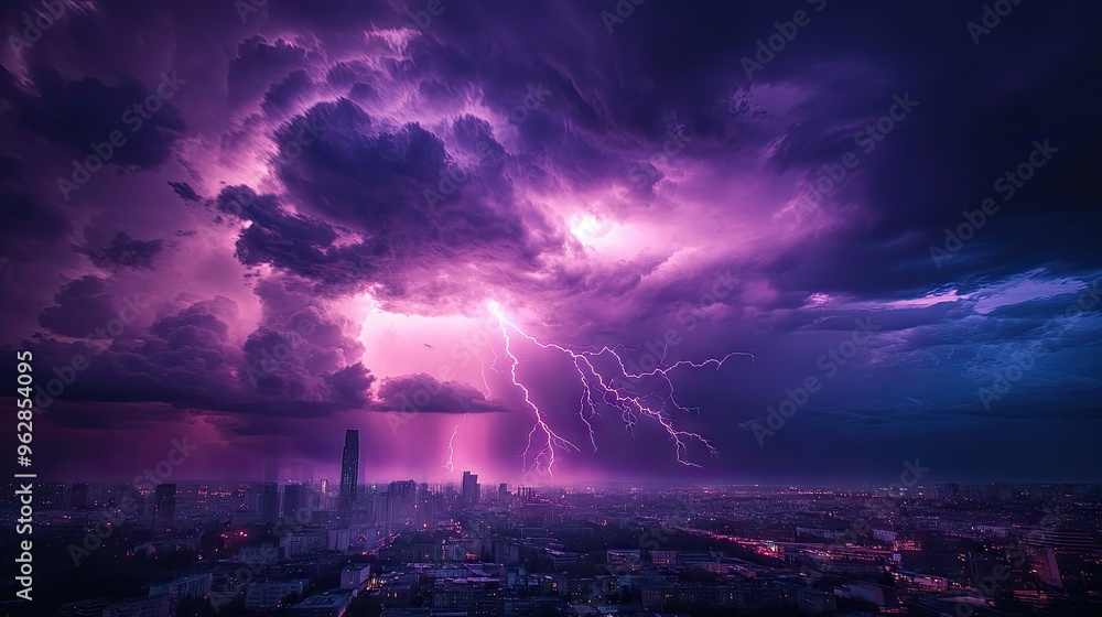 Naklejka premium Intense lightning storm over the city bathed in purple light, with lightning bolts branching out and illuminating the urban landscape in a dramatic fashion.
