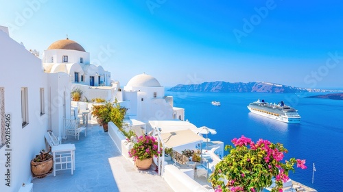Serene Santorini Seascape: White Buildings and Cruise Ships on the Horizon
