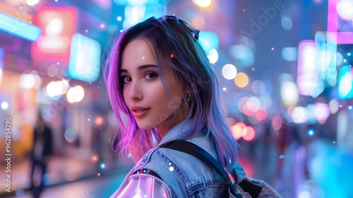 Urban woman with bright neon hair, wearing a futuristic outfit, strolling down a techinspired street.,