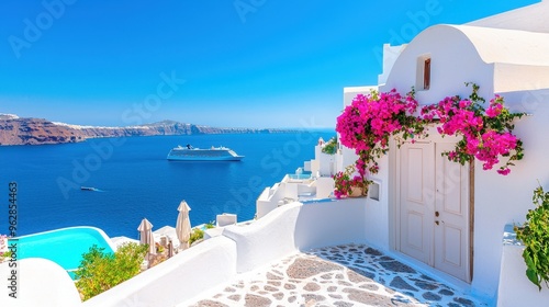 Serene Santorini: White Buildings and Cruise Ships on Turquoise Seas, Idyllic Greek Island Scenery