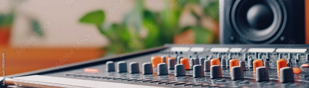professional audio mixer and speaker, showcasing intricate controls and design in a vibrant workspace. professional audio mixer and speaker, showcasing intricate controls and design in a vibrant workspace.