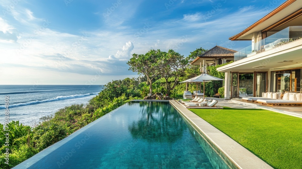 Fototapeta premium Luxury villa with a large garden and swimming pool, overlooking the ocean.