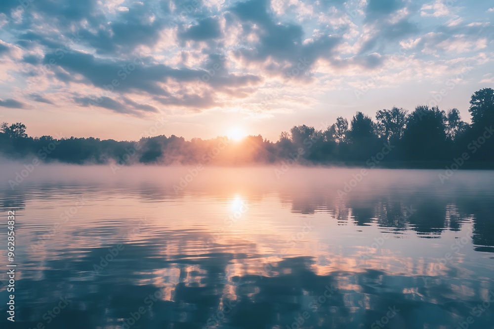 Sun rising over a misty lake with colorful sky reflecting in water Sun rising over a misty lake with colorful sky reflecting in water