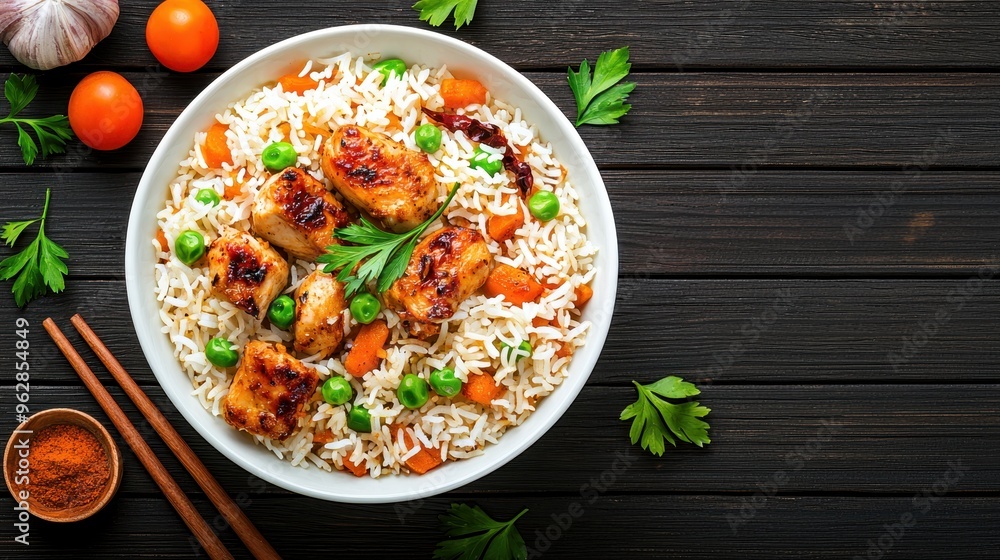 Savory Chicken Biryani Delight with Exotic Spices from Above on Table | Tantalizing Indian Cuisine Top View Image Savory Chicken Biryani Delight with Exotic Spices from Above on Table | Tantalizing Indian Cuisine Top View Image