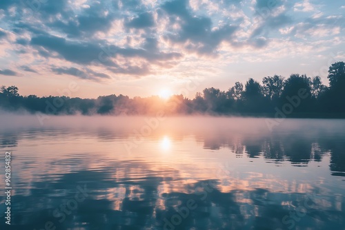 Sun rising over a misty lake with colorful sky reflecting in water