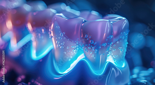 The entire tooth is illuminated with blue light. The teeth are white, the gums are pale pink, blue light shines on the teeth, reactive oxygen molecules penetrate into the enamel. Generative AI.