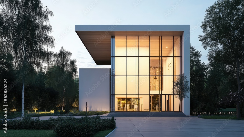 Modern church building with a minimalist design and large glass windows. Modern church building with a minimalist design and large glass windows.