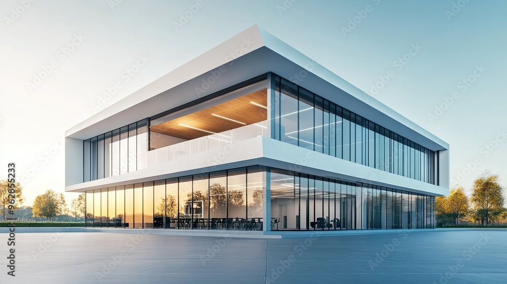 Modern commercial building with a minimalist design, featuring sharp lines and open spaces. Modern commercial building with a minimalist design, featuring sharp lines and open spaces.