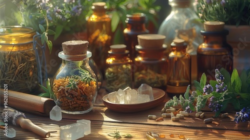 An featuring natural remedies and alternative medicine with elements like herbal plants, essential oils, acupuncture tools, and crystals in a serene, tranquil setting. Generative AI.