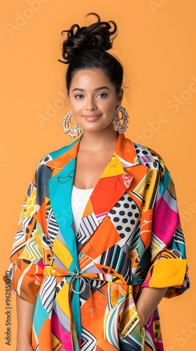 Plussized model in colorful, trendy clothing, posing confidently in a fashion shoot., photo