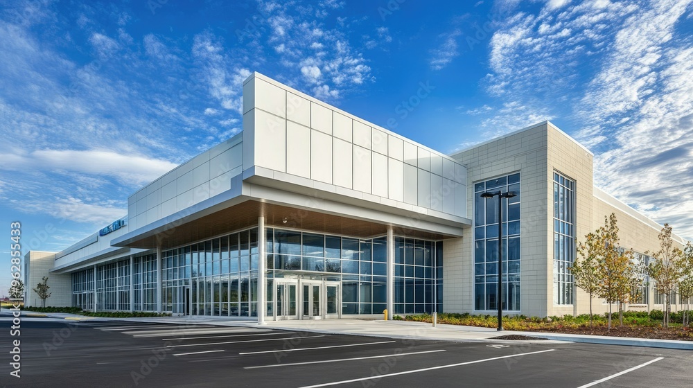 Obraz premium Modern healthcare facility with a clean, bright facade and ample parking.