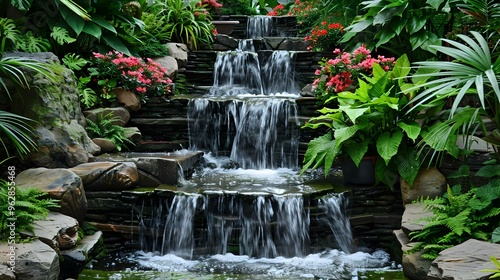 Serene Waterfall in a Lush Tropical Garden