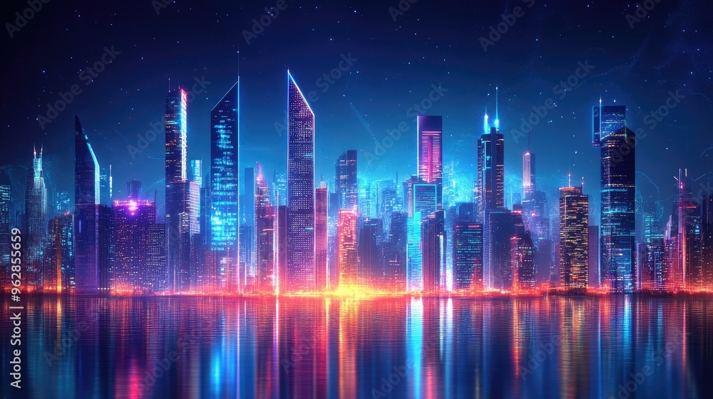 Modern urban skyline with neon lights and digital effects, showcasing a panoramic, high-tech cityscape for futuristic technology and science concepts. Modern urban skyline with neon lights and digital effects, showcasing a panoramic, high-tech cityscape for futuristic technology and science concepts.