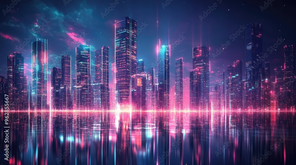 Modern urban skyline with neon lights and digital effects, showcasing a panoramic, high-tech cityscape for futuristic technology and science concepts. Modern urban skyline with neon lights and digital effects, showcasing a panoramic, high-tech cityscape for futuristic technology and science concepts.