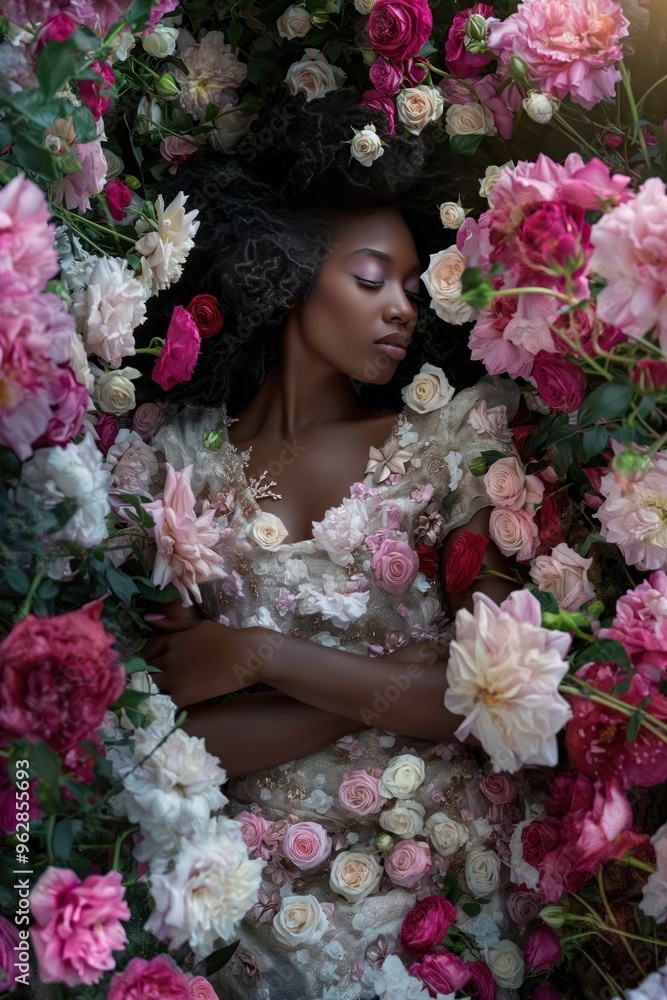 Black woman lies on bed of pink, white roses. She wears white dress adorned with flowers, conveying elegance, sophistication. Scene exudes serenity, showcasing high-end fashion, perfume concept. Black woman lies on bed of pink, white roses. She wears white dress adorned with flowers, conveying elegance, sophistication. Scene exudes serenity, showcasing high-end fashion, perfume concept.