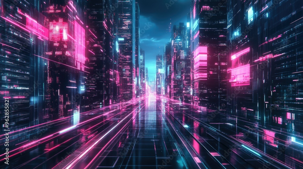 Neon-lit cityscape with sleek, modern buildings and abstract digital effects, showcasing a panoramic view of futuristic architecture and technology. Neon-lit cityscape with sleek, modern buildings and abstract digital effects, showcasing a panoramic view of futuristic architecture and technology.