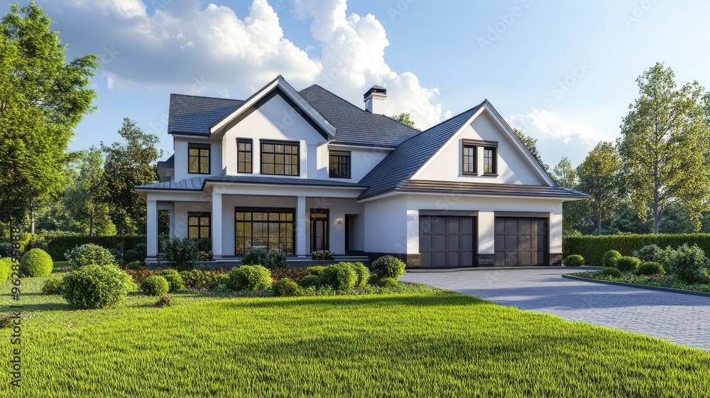 Newly constructed suburban house with a two-car garage and a fresh lawn. Newly constructed suburban house with a two-car garage and a fresh lawn.