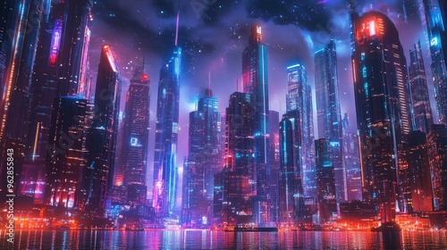 Wallpaper Mural Neon-lit panoramic cityscape featuring sleek, high-tech architecture and digital effects, showcasing a futuristic urban environment Torontodigital.ca