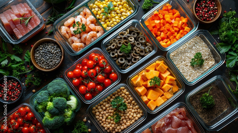 Healthy Meal Prep: Fresh Ingredients in Containers Healthy Meal Prep: Fresh Ingredients in Containers