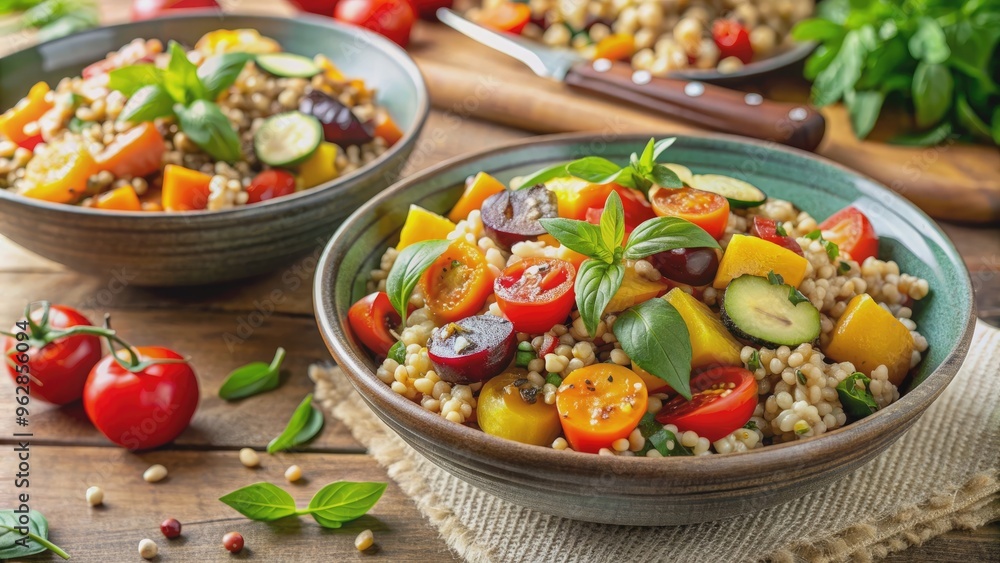 Nutritious grain salads with roasted vegetables in natural light, wholesome, farro, barley, freekeh, salad, nutritious Nutritious grain salads with roasted vegetables in natural light, wholesome, farro, barley, freekeh, salad, nutritious
