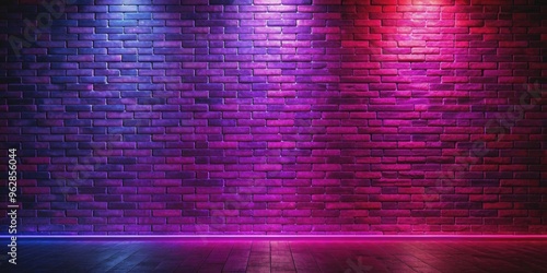 Dark brick wall illuminated by purple and red neon lights, creating a visually striking backdrop, neon lights