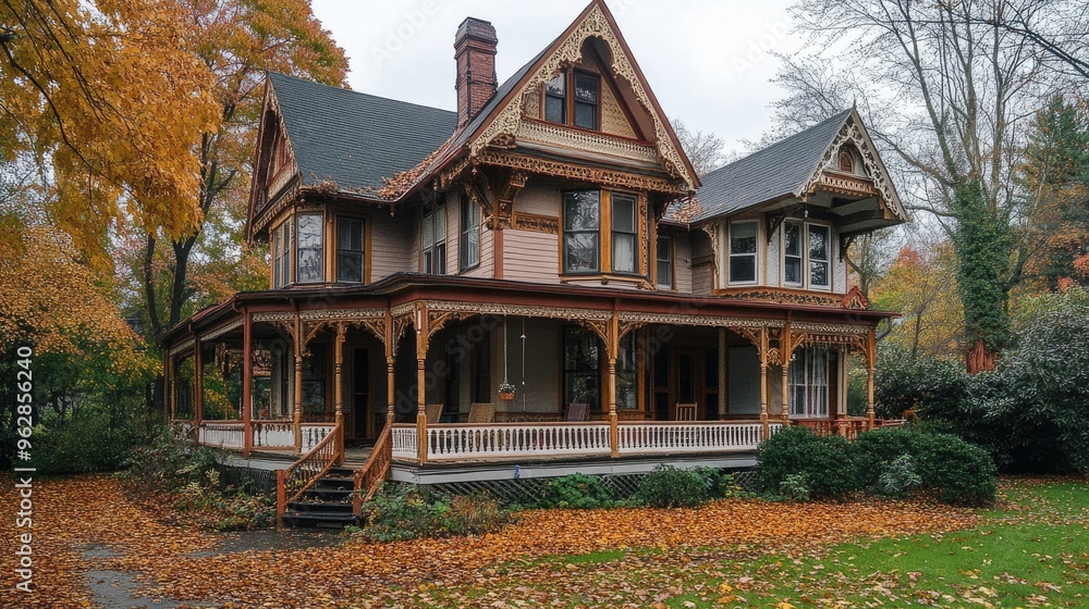 Old Victorian house with a wraparound porch and gingerbread trim. Old Victorian house with a wraparound porch and gingerbread trim.