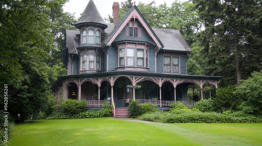 Old Victorian house with a wraparound porch and gingerbread trim. Old Victorian house with a wraparound porch and gingerbread trim.
