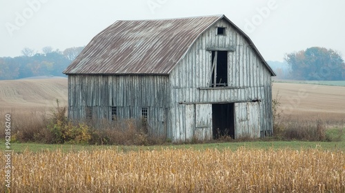 Old, weathered barn in a rural setting, surrounded by open fields.