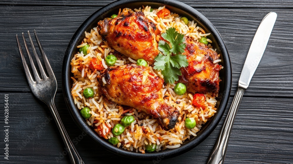 Exquisite Chicken Biryani Feast: Overhead Shot of Flavorful Rice Dish Infused with Fragrant Spices on Elegant Dining Setup Exquisite Chicken Biryani Feast: Overhead Shot of Flavorful Rice Dish Infused with Fragrant Spices on Elegant Dining Setup