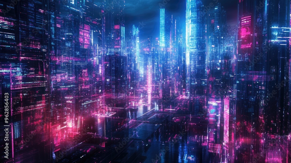 Panoramic view of a neon-illuminated cityscape featuring advanced urban architecture and high-tech digital effects. Ideal for futuristic themes. Panoramic view of a neon-illuminated cityscape featuring advanced urban architecture and high-tech digital effects. Ideal for futuristic themes.