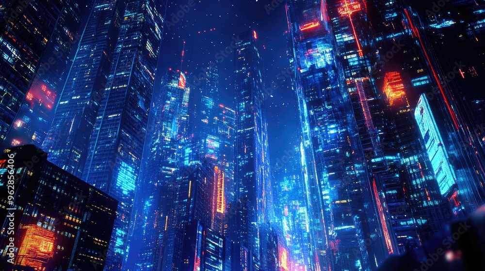 Panoramic view of a neon-illuminated cityscape featuring advanced urban architecture and high-tech digital effects. Ideal for futuristic themes. Panoramic view of a neon-illuminated cityscape featuring advanced urban architecture and high-tech digital effects. Ideal for futuristic themes.