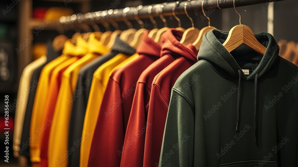 Hoodies of different colors and styles on clothes rack hangers in a modern clothing store or outdoor market, close-up Hoodies of different colors and styles on clothes rack hangers in a modern clothing store or outdoor market, close-up