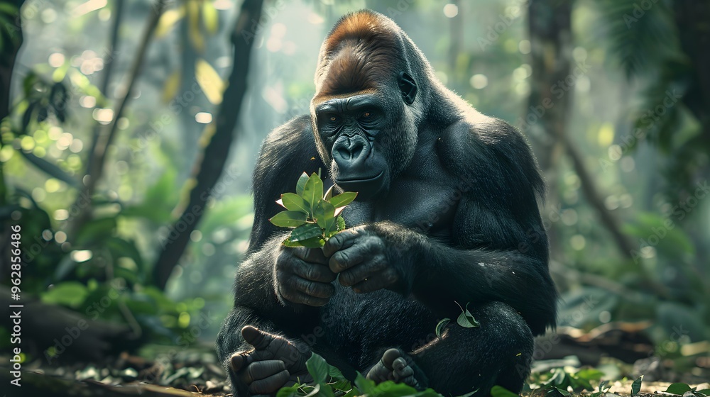 Obraz premium Powerful Gorilla in Lush Forest Wildlife Photography