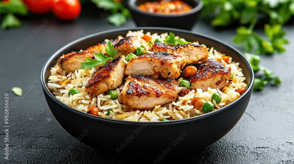 Savory Top-Down Shot of Flavorful Chicken Biryani with Exotic Spices on Wooden Dining Table Savory Top-Down Shot of Flavorful Chicken Biryani with Exotic Spices on Wooden Dining Table