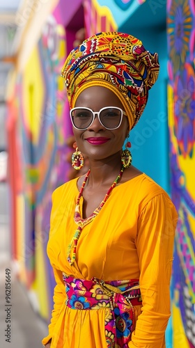 Woman in traditional African attire with vibrant patterns, standing in front of colorful murals.,