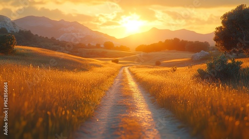 Dirt road through field at sunset, orange sky