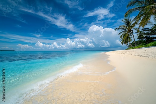 Fototapeta Naklejka Na Ścianę i Meble -  Tropical beach with white sand and palm trees is bathed by a turquoise sea under a blue sky
