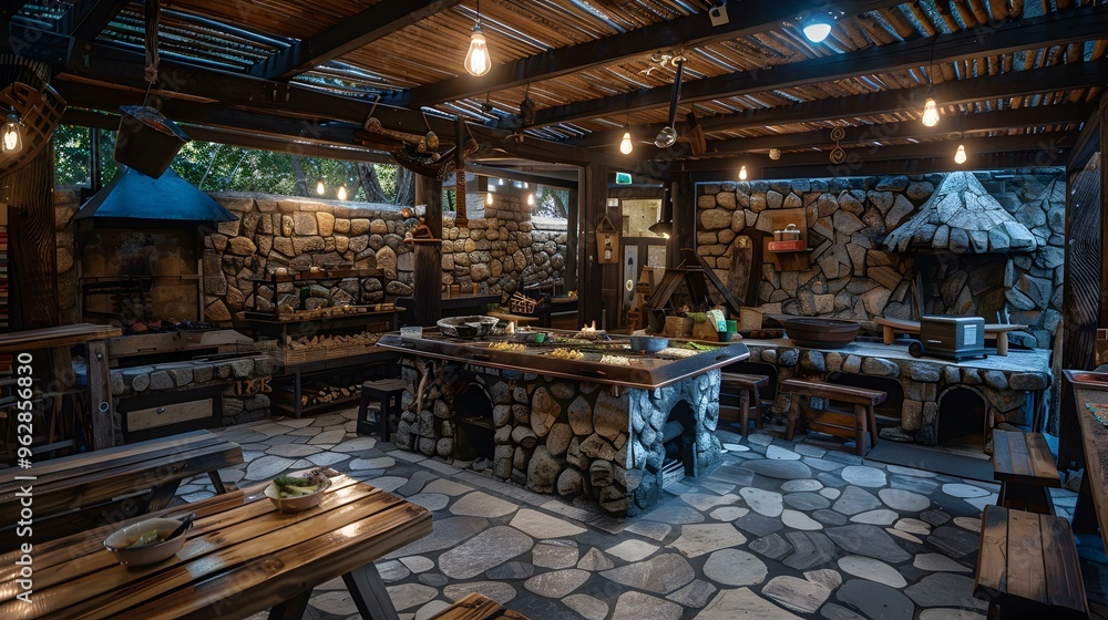 Rustic Outdoor Kitchen with Stone Fireplace and Wood Beams Rustic Outdoor Kitchen with Stone Fireplace and Wood Beams