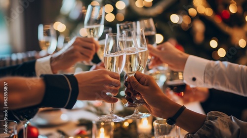 Coworkers celebrate at a festive christmas and new year party in a restaurant, close-up of raising glasses in a joyful toast amid twinkling lights and a decorated tree