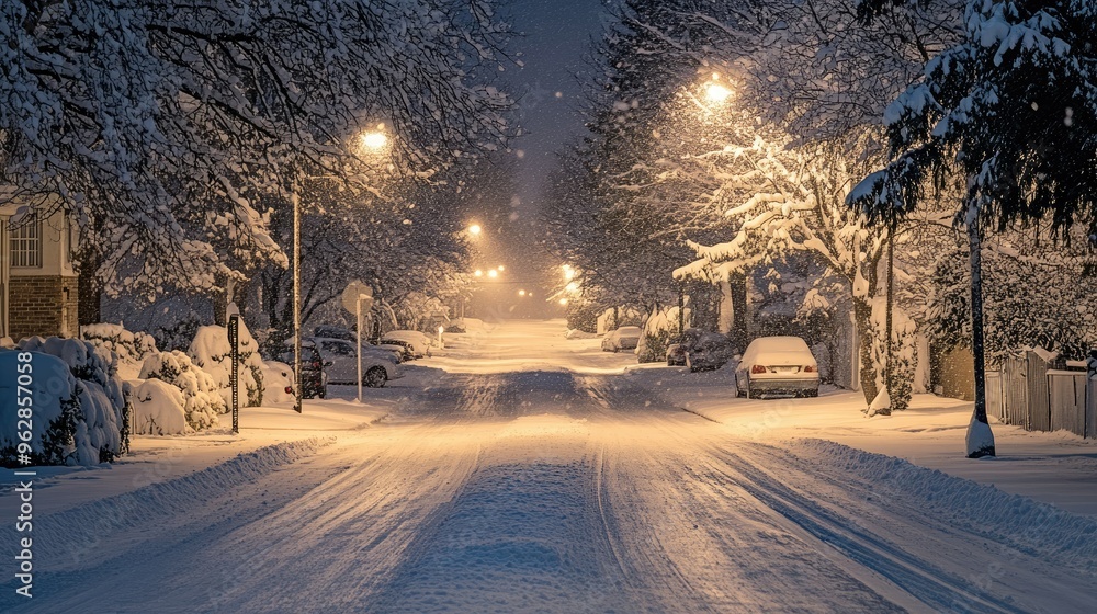Quiet street at night blanketed in fresh snow, with soft streetlights casting a warm glow on the icy pavement. Quiet street at night blanketed in fresh snow, with soft streetlights casting a warm glow on the icy pavement.