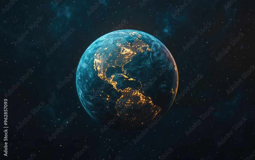 Obraz premium Nightly Earth depicted in outer space through 3D cartoon rendering Abstract wallpaper showcasing city lights and civilization on the planet