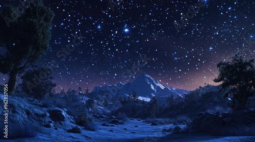 Starry night sky over a 3D cartoon rendering of a scenic landscape