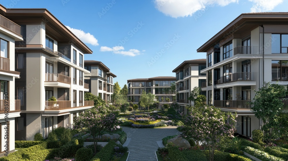 Residential apartment complex with balconies, landscaped gardens, and a clear blue sky. - Residential apartment complex with balconies, landscaped gardens, and a clear blue sky. -