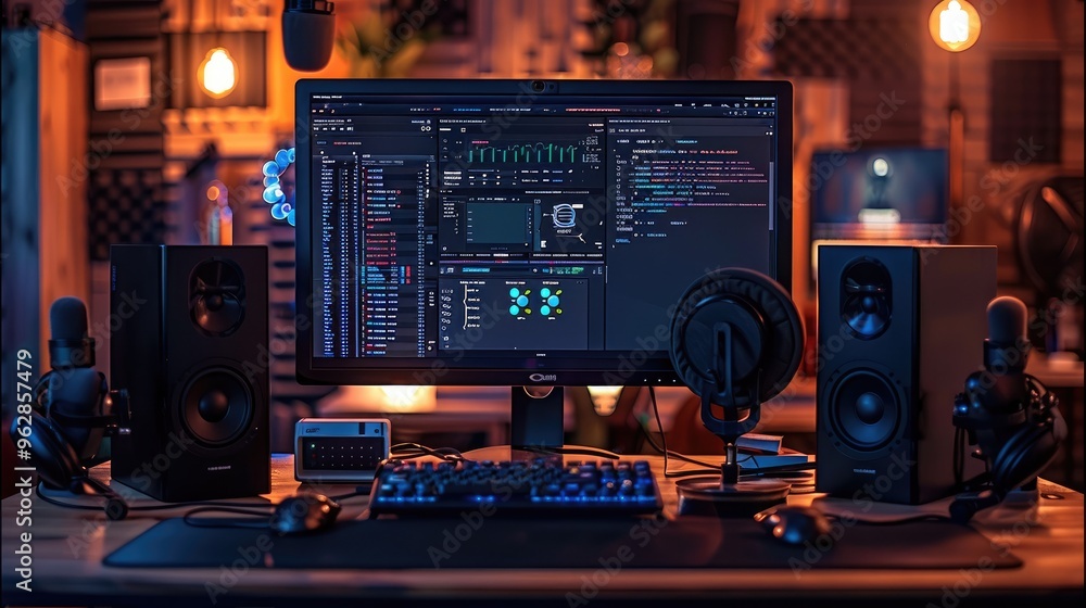 A dark podcast studio with a black computer monitor screen. Generative AI. A dark podcast studio with a black computer monitor screen. Generative AI.