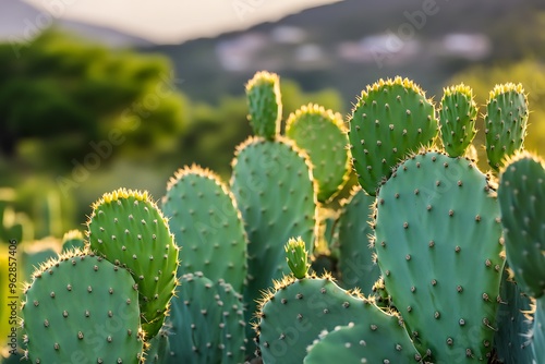 Prickly pear cactus growing under the setting sun