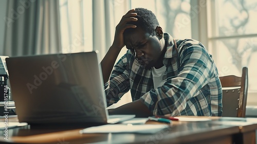 A black man sitting at his desk, holding their head in front of the laptop computer with an expressionless face and feelingographic stress . He is wearing casual such as jeans or plaid shirt