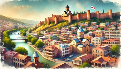 Watercolor painting of Tbilisi, Georgia, with Narikala Fortress, colorful houses, and the Kura River.